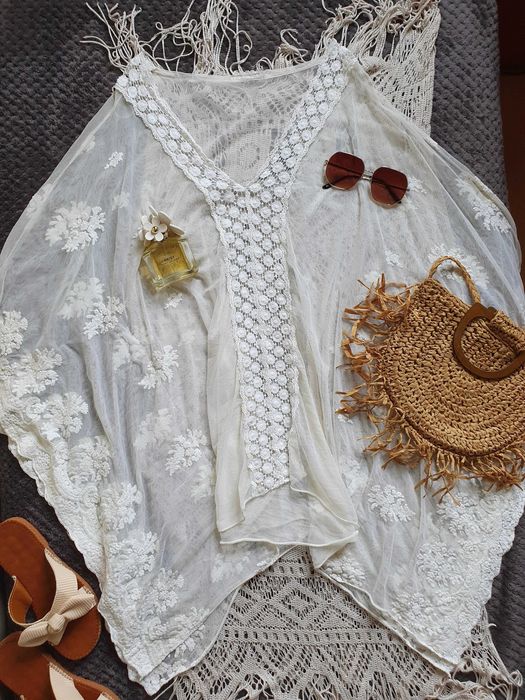 Przepiękne pareo poncho narzutka Boho ecru One size bawełna