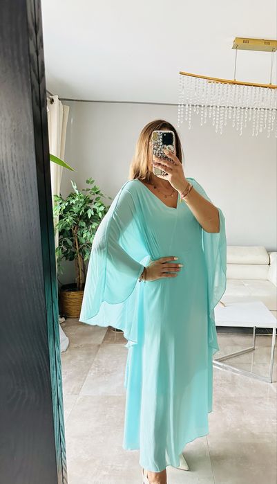 Wieczorowa zwiewna dluga sukienka plus size z narzutką, 2XL, 3xL
