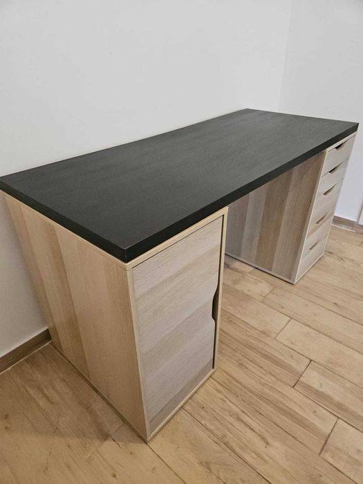 Secretária, ef carvalho c/velatura branca e preto-castanho, 140x60 cm