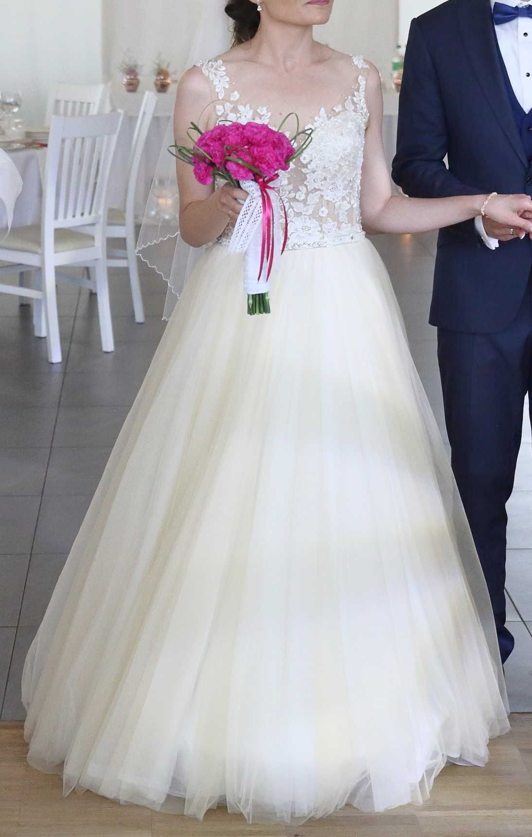 Suknia ślubna z możliwością regulacji gorsetu biała, ecru - czyszczona