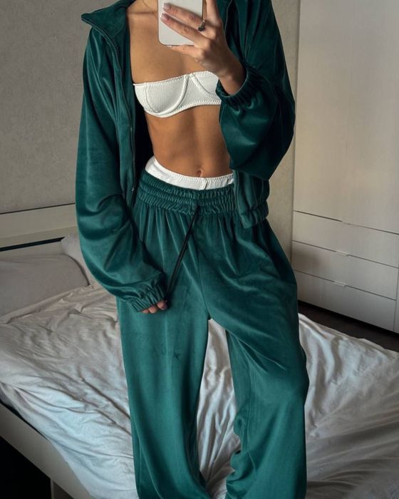 Спортивный костюм женский худи штаны топ велюровый зипка zara el milas