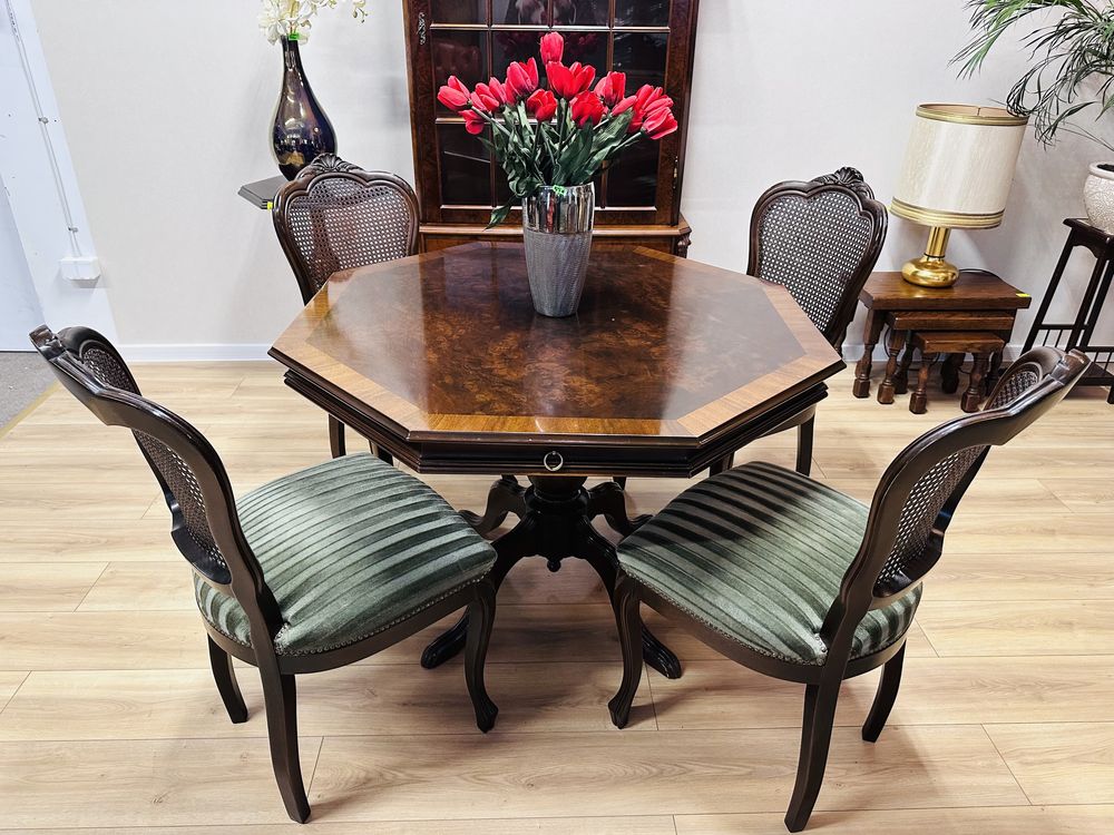 Elegancki i stylowy 8kątny stół z 4szufladami + 4 krzesła medaliony :)
