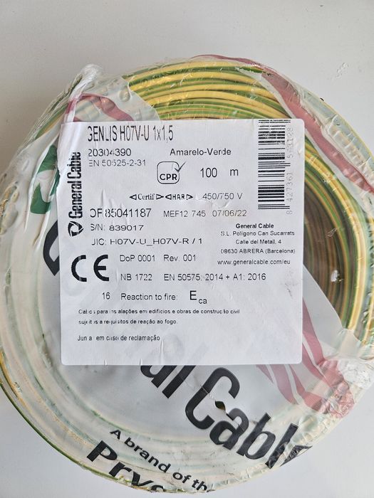 Cabo elétrico H07V-U 1x1,5 mm – 100 m – VD/AM – General Cable - NOVO