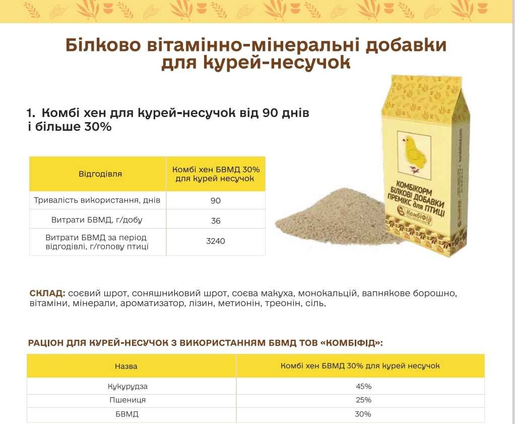 Комбікорм, БМВД та премікс для курей несучок від компанії Комбіфід