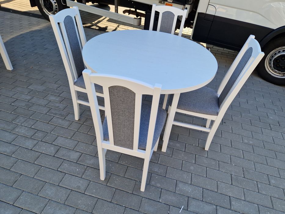 Nowe: Stół okrągły + 4 krzesła, biały + szary, transport cała PL