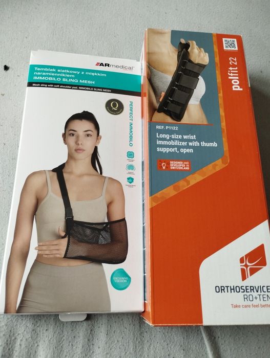 Temblak siatkowy i orteza na lewą rękę