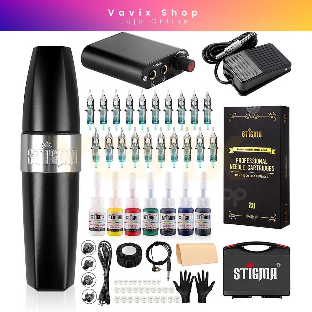 Kit Tatuagem Pen Tattoo + Fonte + Tintas + Agulhas + Acessórios