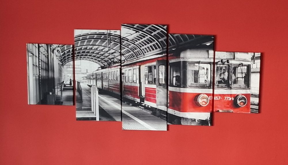 Tryptyk 5 elementów odcienie szarości i czerwieni  155cmx70cm
