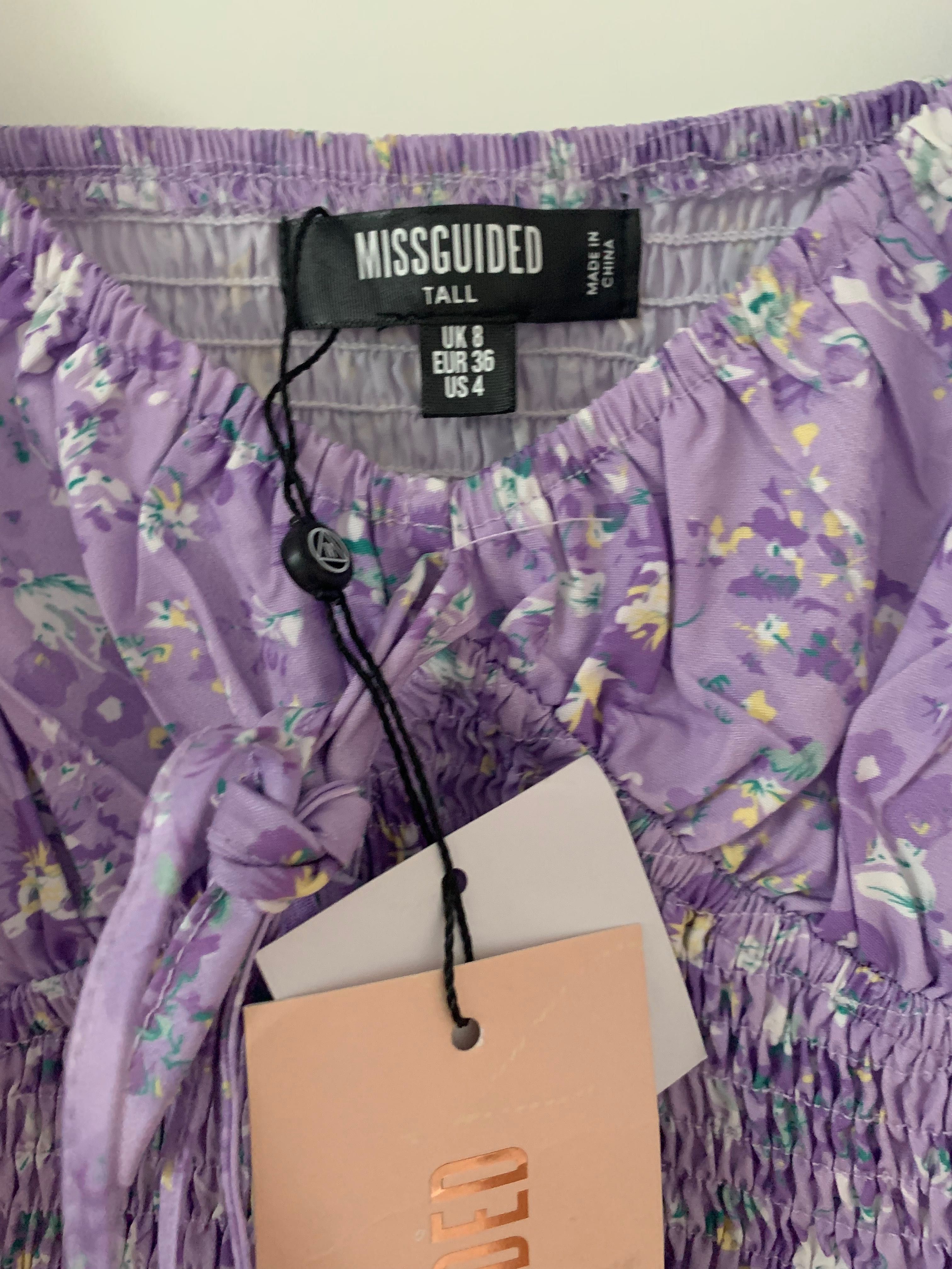 Missguided Tall śliczna liliowa sukienka marszczenia bufki S 36