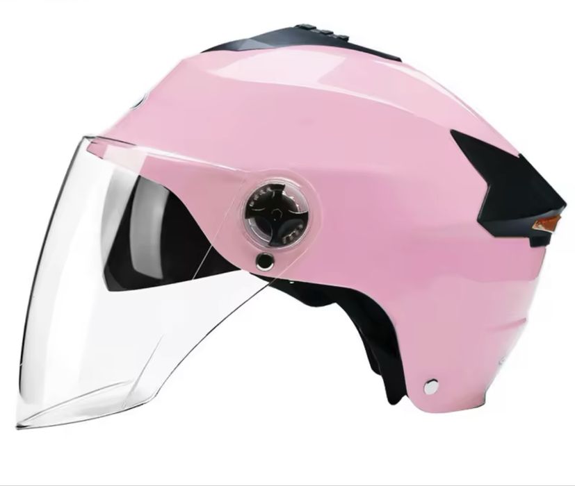 Lekki kask z podwojną osłoną rower motorower lampka LED różowy