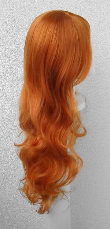 Ruda falowana pomarańczowa długa peruka z grzywką rudy cosplay wig