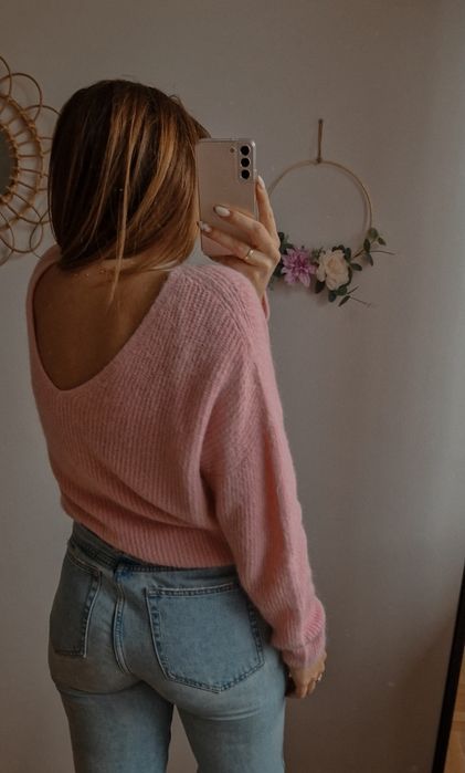 Różowy sweterek sweter dekolt V baby alpaka jesień Varlesca chicaca XS