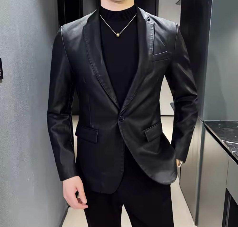 Męska marynarka skórzana modna czarna casual elegancka