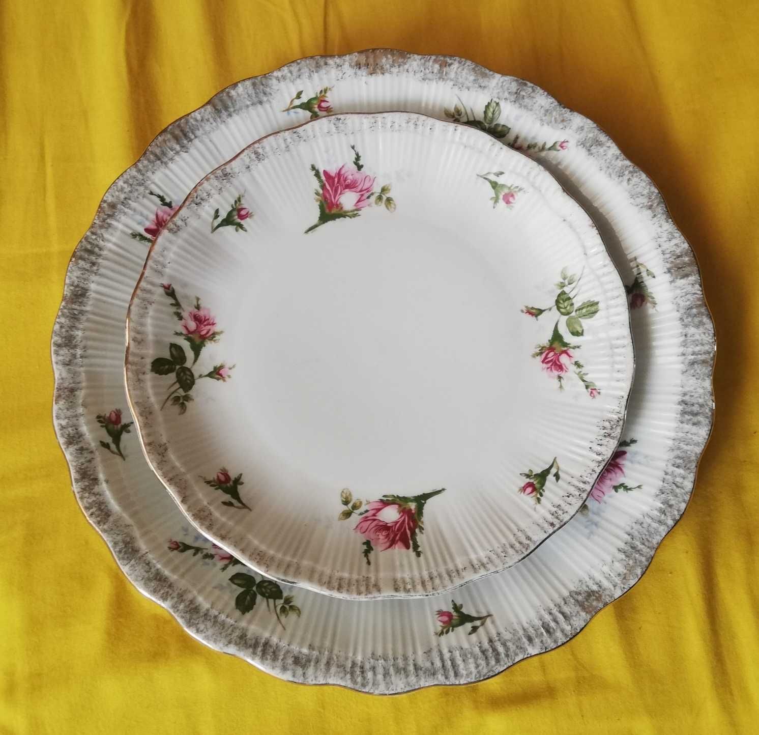 PRL duży talerz płytki złocenia róże porcelana Wałbrzych 24,5cm
