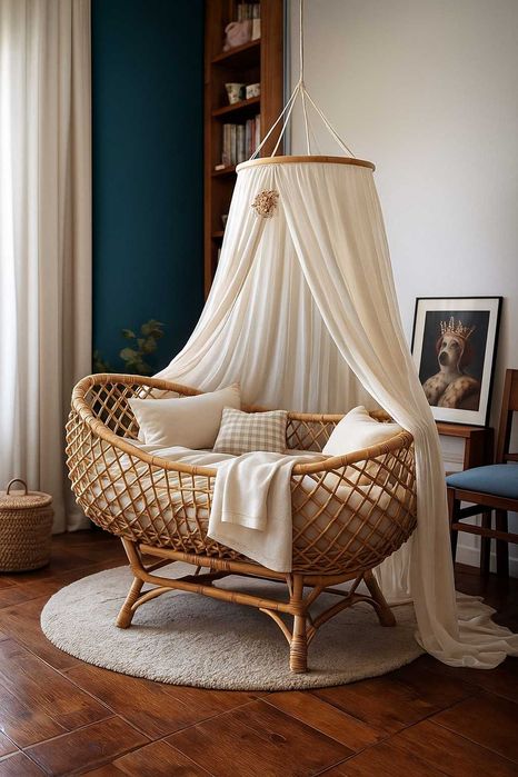 Berço bambu vintage com roupa de cama incluída