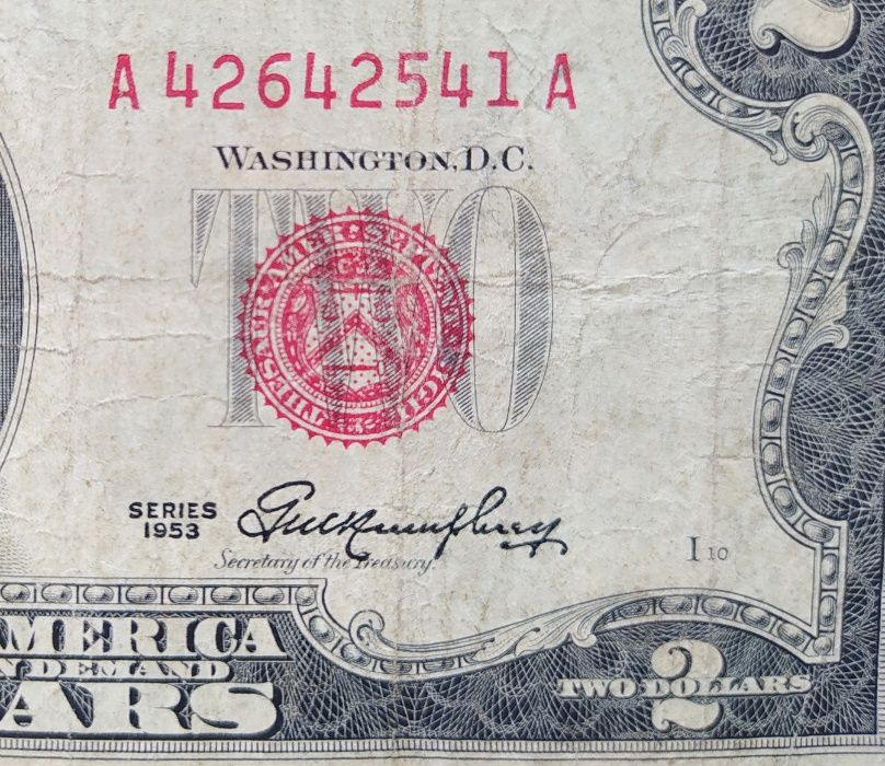 2 долари  1953 року, серія А, червона печатка, ( 2 доллара  1953 года)