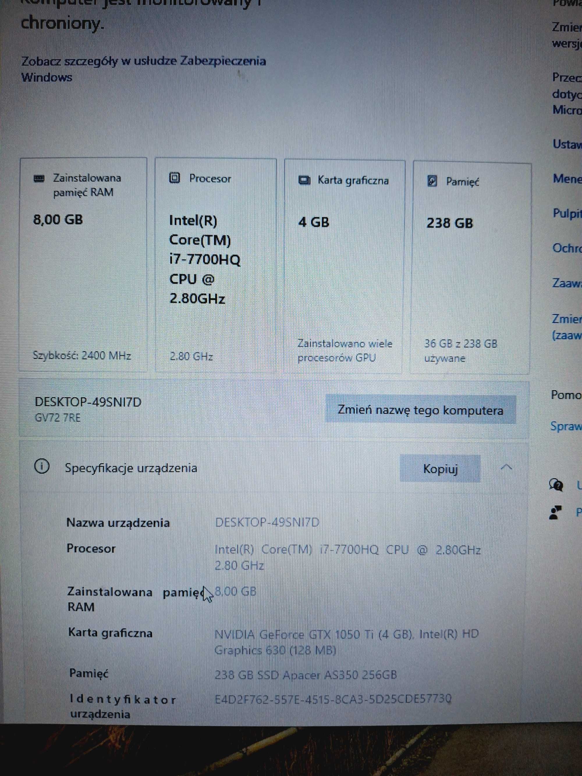 Laptop MSI MS-1799 8 GB RAM 256GB I7-7700 HQ NVIDIA GeForce GTX 1050