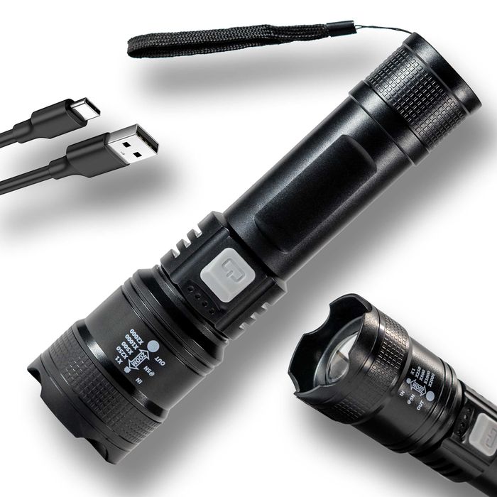 Lekka Mocna Latarka Taktyczna Akumulatorowa Na Prezent USB-C