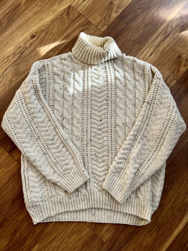 Sweter z golfem wełniany pleciony gruby ciepły oversize vintage