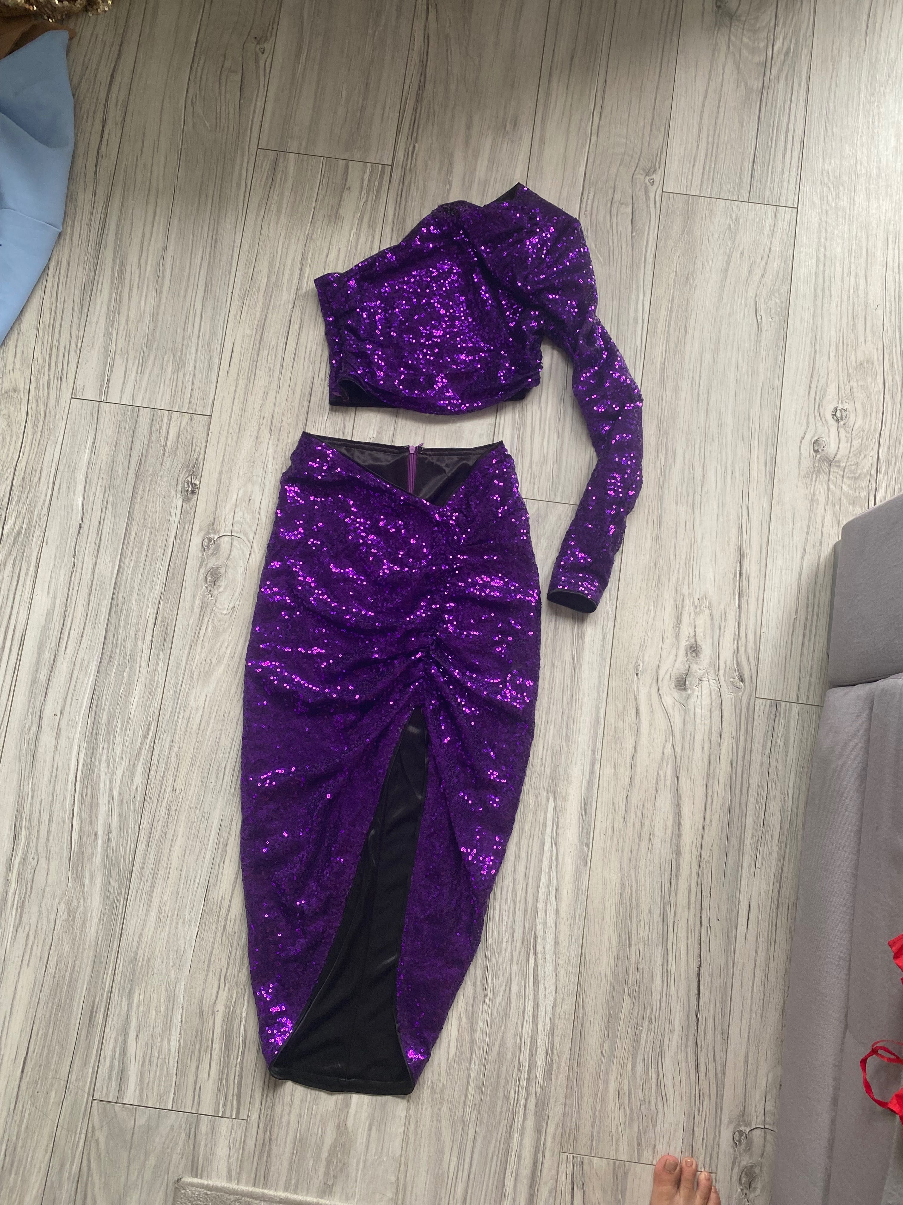 Komplet fioletowy cekinowy, długa spódnica + bluzka