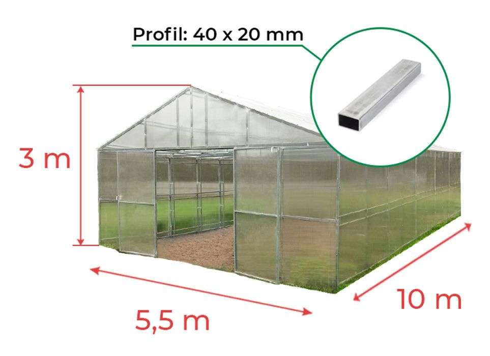 Szklarnia Fermer 5,5x10m OCYNK DOM z profilu 40x20mm z POLIWĘGLANU 4mm