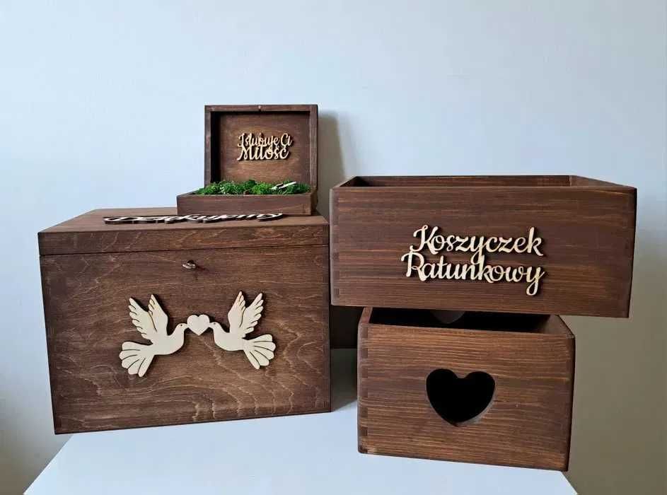 drewniane rustykalne pudełko na koperty obrączki koszyczki ratunkowe