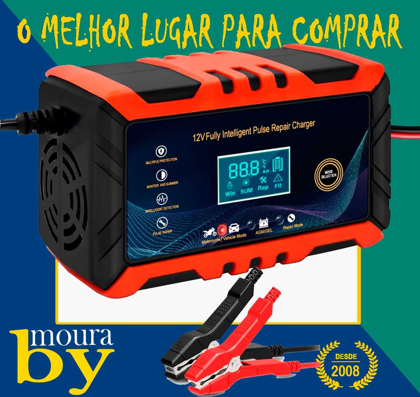 Carregador de bateria com display LCD 12A 6A Auto, Motos e bicicletas