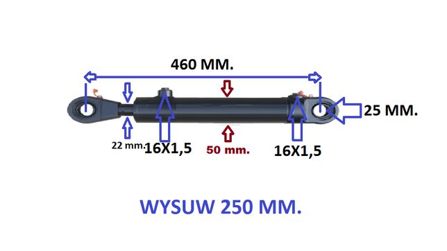 cylinder hydrauliczny wysuw 250 mm. Tłoczysko 22 mm. siłownik tłok
