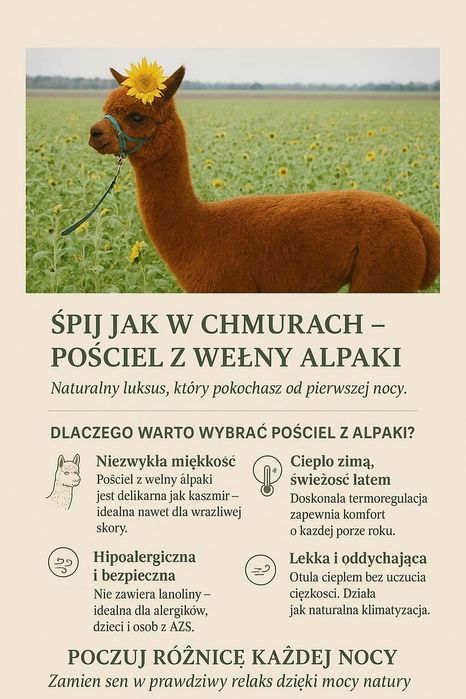 Kołdry i poduszki z Alpaki Huacaya w różnym rozmiarze