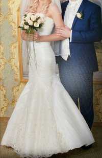 Весільна сукня, XS, силует РИБКА,  колір Айворі, італійське мереживо