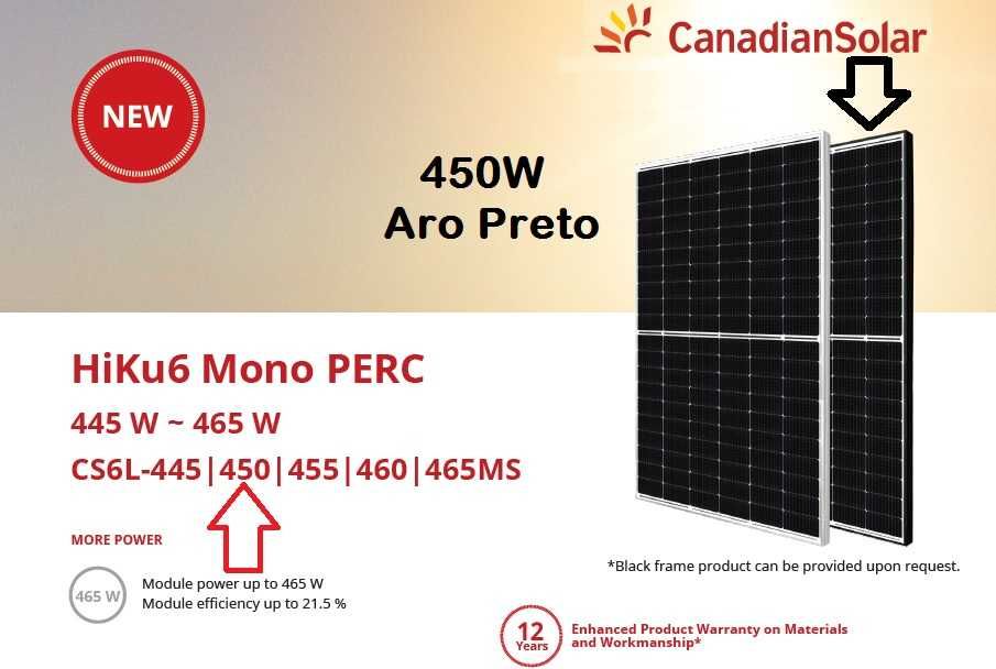 Painel 455W Solar Fotovoltaico Monocristalino Canadian Solar Novo