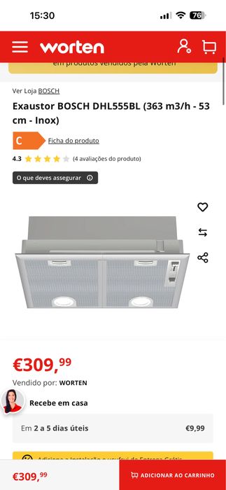 Exaustor BOSCH DHL555BL (363 m3/h - 53 cm - Inox)