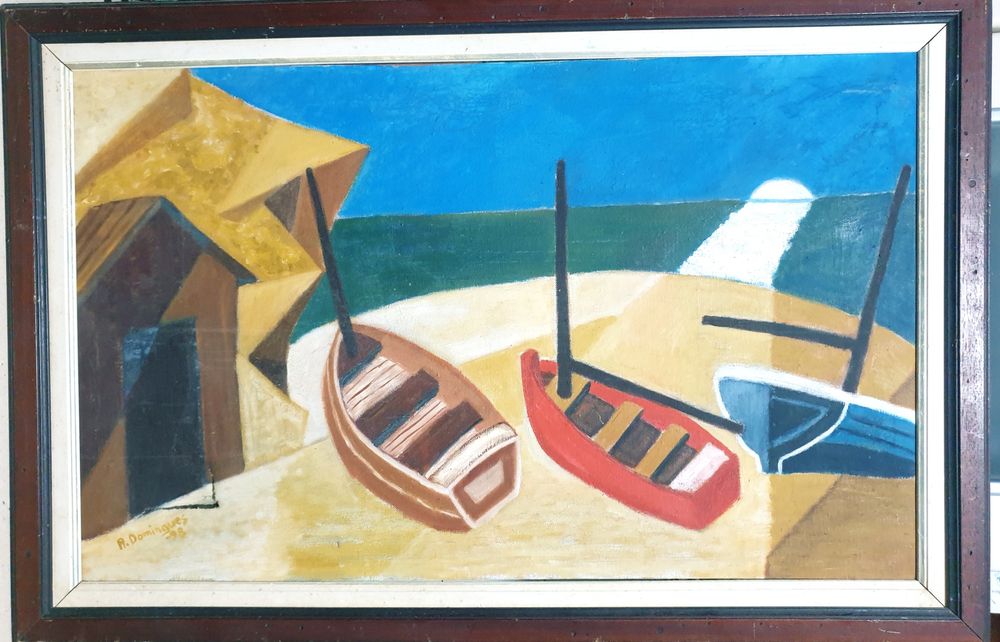 Para restauro: pintura marítima com barcos - R. Domingues