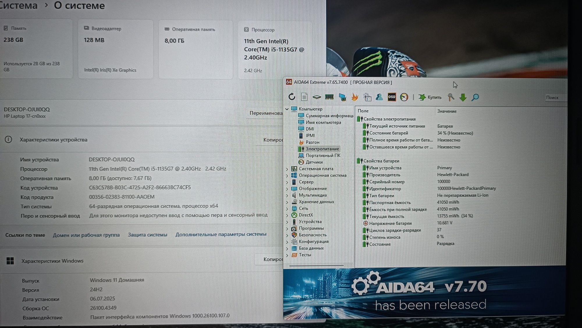 Батарея без износа HP 17 / I5-1135G7 / 256GB / 8GB RAM / WIN 11
