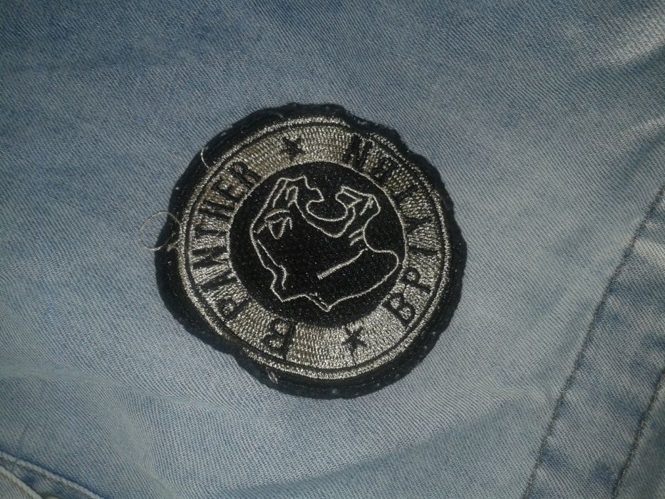 Katana, kurtka dżinsowa,Jeans Jacket, naszywki, rozmiar L, Ultra modna