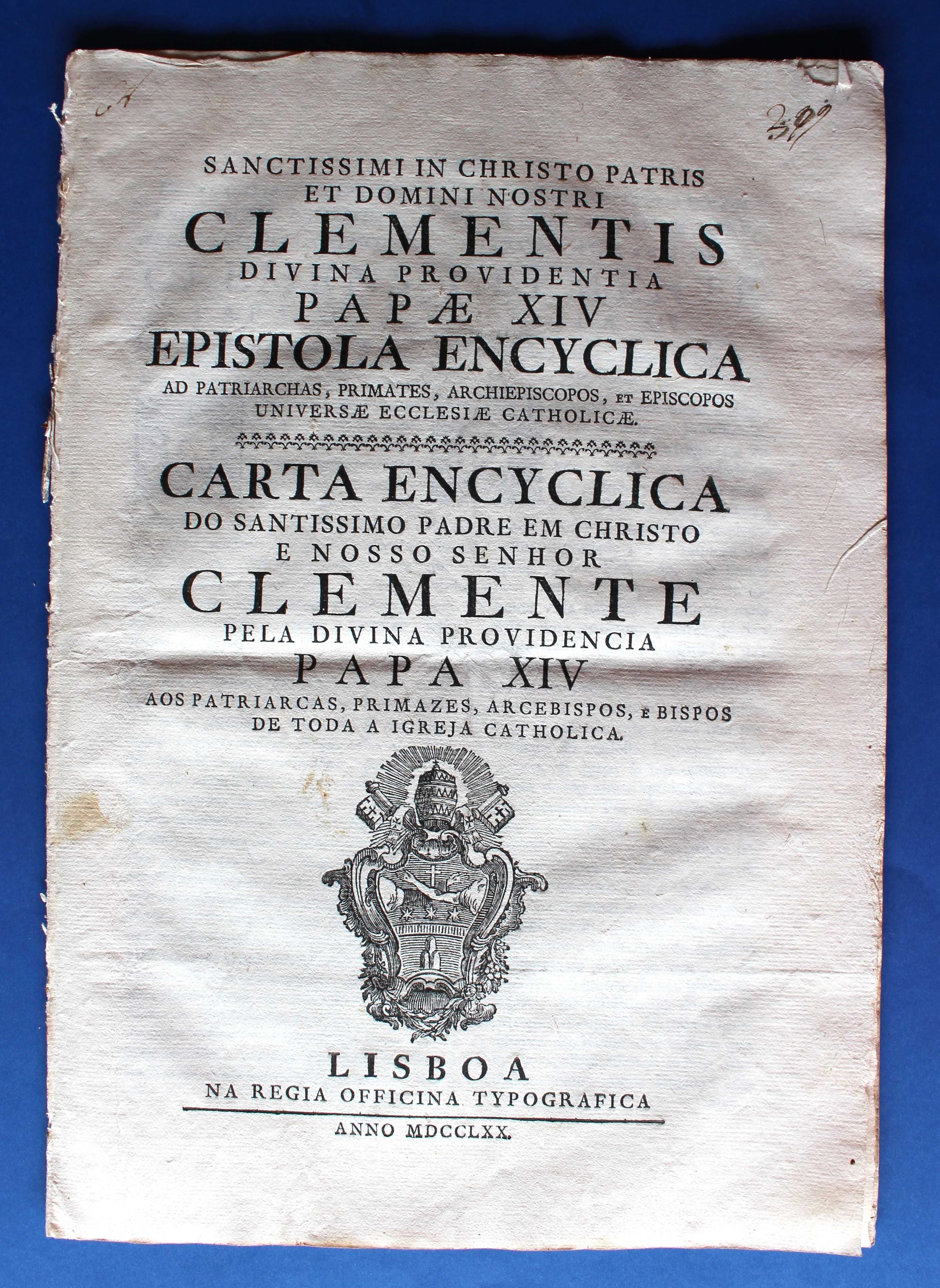 PAPA CLEMENTE XIV CARTA ENCICLICA 1770