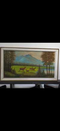 Obraz PRL ręcznie malowany, sygnowany krajobraz, jelenie
