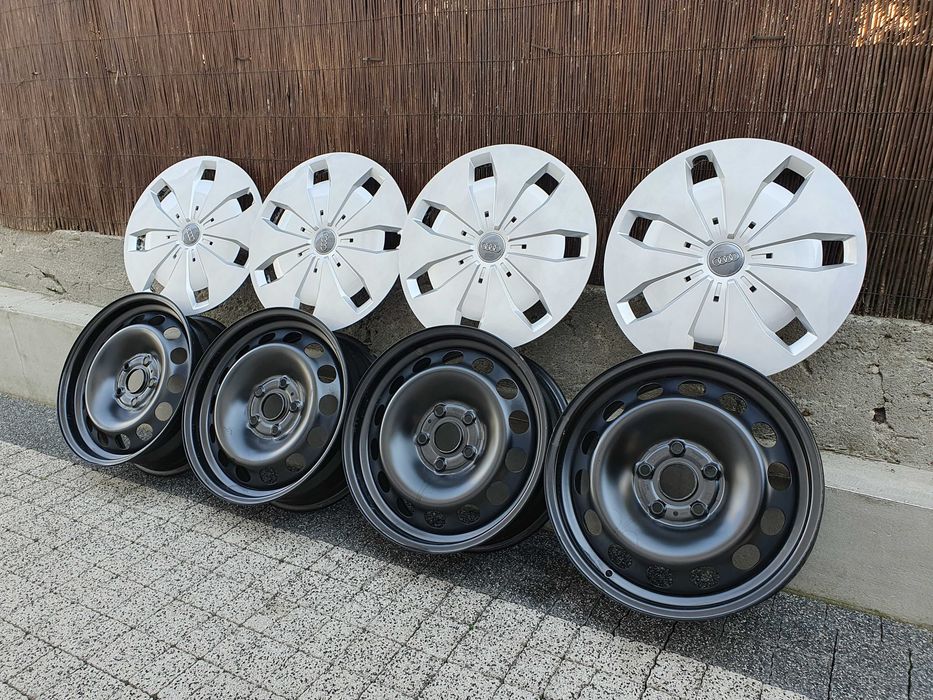 4x Oryginalne felgi stalowe 16-stki Audi, VW 5x112 z kołpakami Audi
