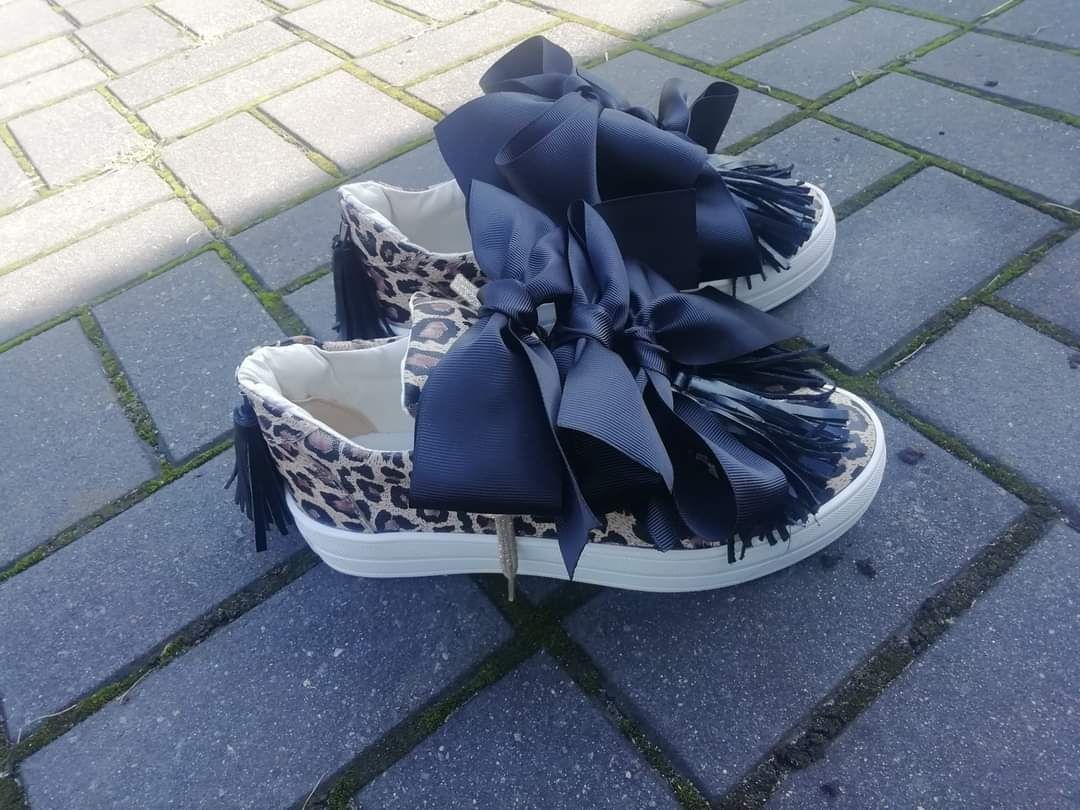 Eleganckie espadryle panterka kokarda naturalna skóra