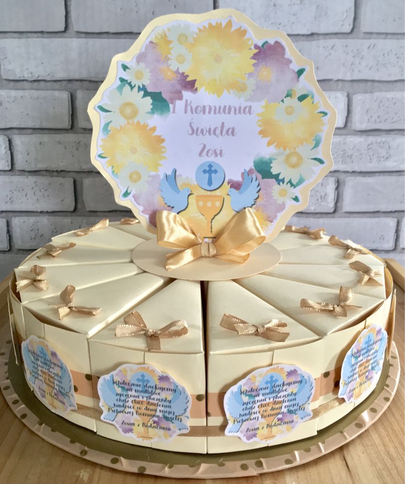 Podziękowania komunijne dla gości tort papierowy pudełka na słodkości