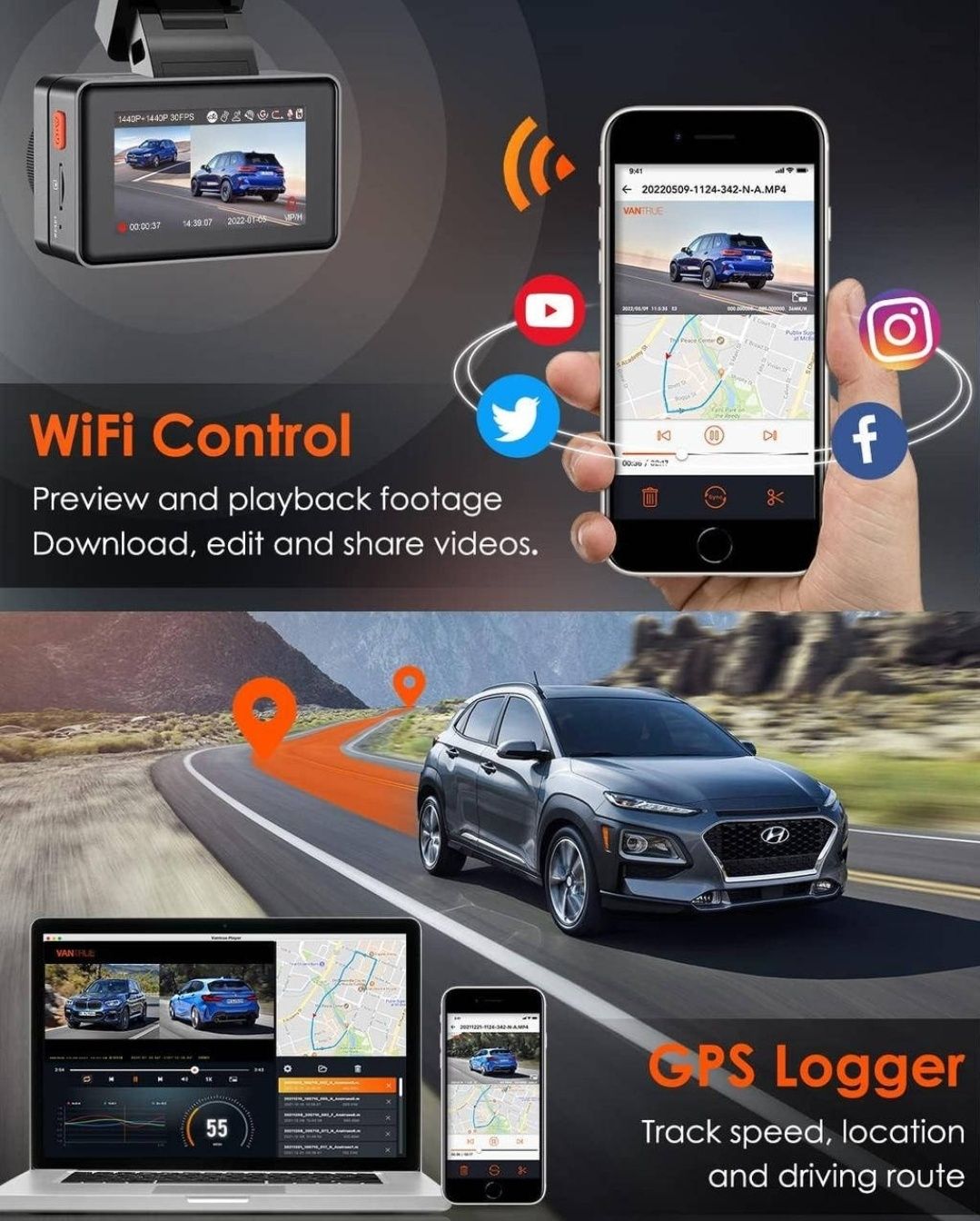 Відеореєстратор VANTRUE Element 2 Dash Cam Передня та задня камера