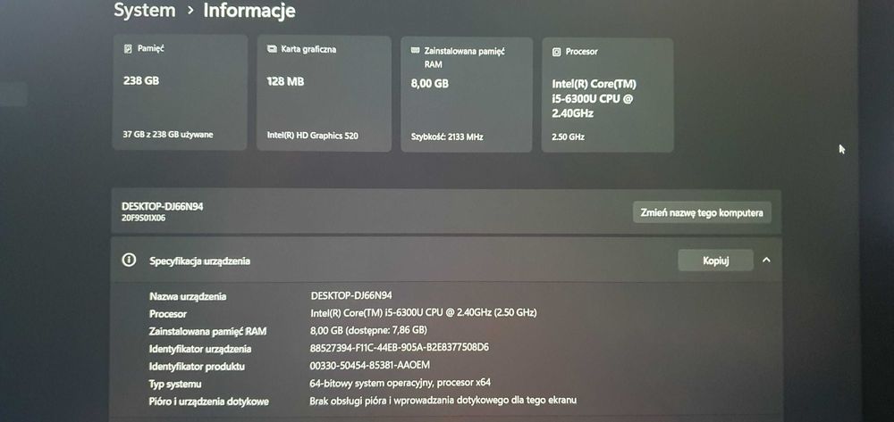 Laptop tytanowy ThinkPad T460s 14" FHD IPS i5 8GB 240NVMe b.2-6h ład.