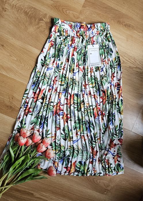 Nowa plisowana spódnica tropikalny wzór midi Medicine XS 34