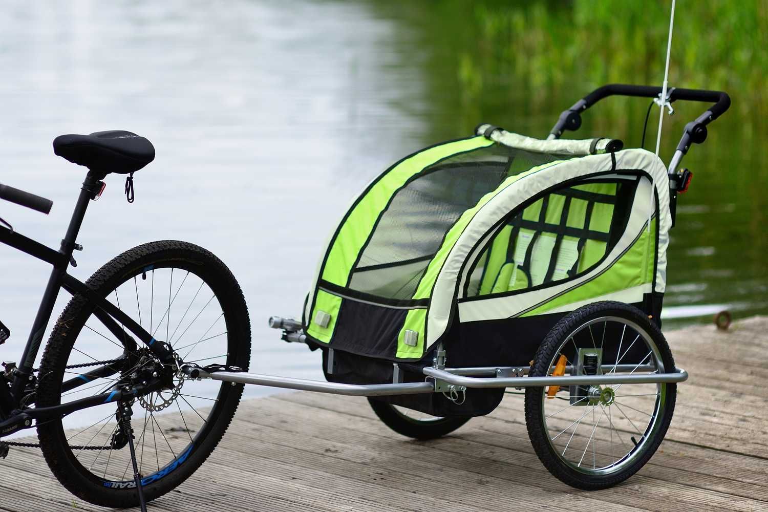 Przyczepka rowerowa z amortyzatorem 2-osobowa +JOGGER zielona