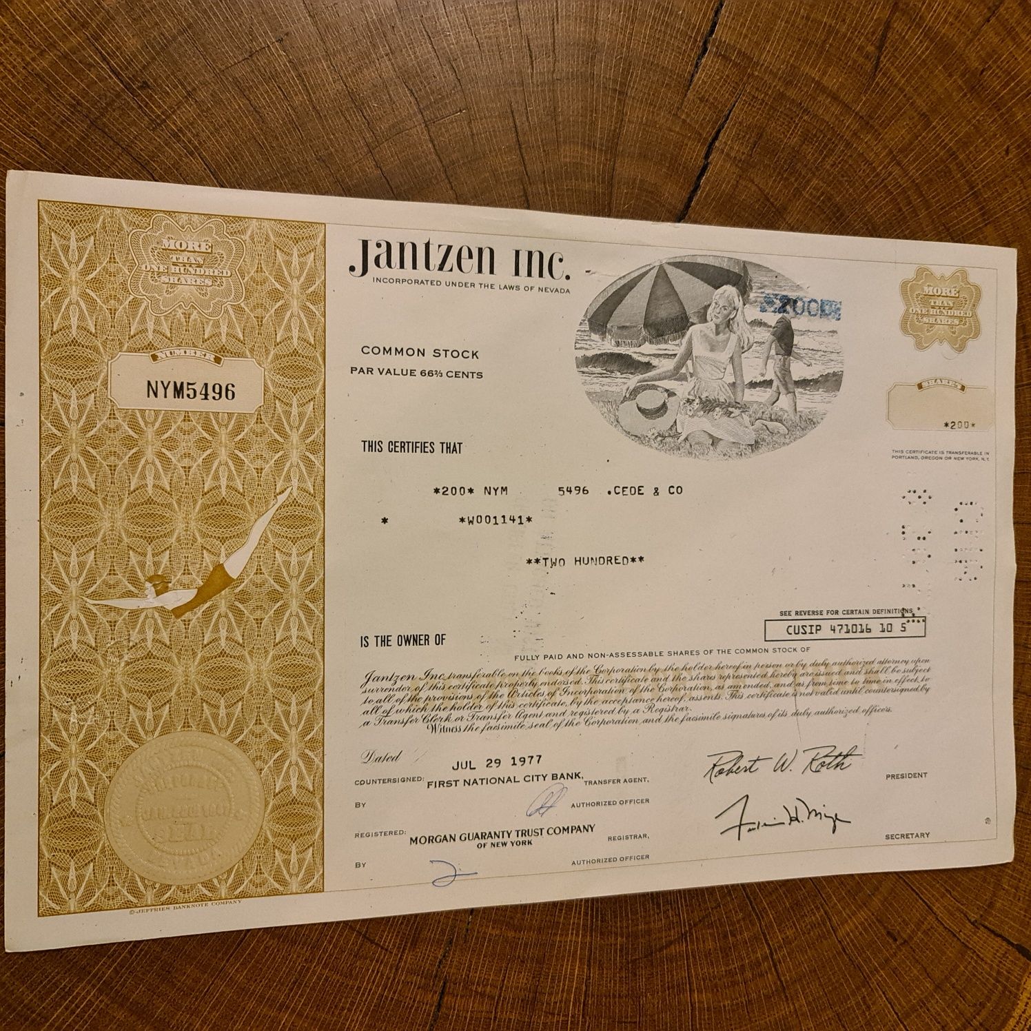Akcja papierowa Jantzen inc. giełdowa kolekcjonerska