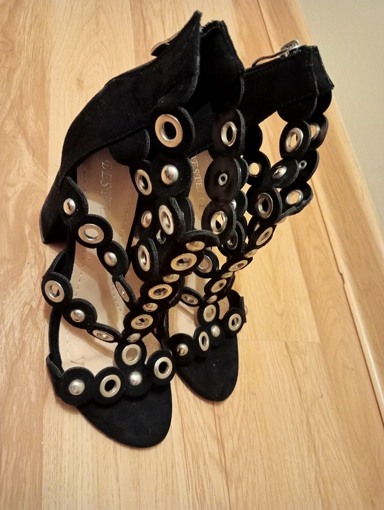 Sandały na obcasie, buty na słupku, czarne, srebrne, Bestelle, r. 36