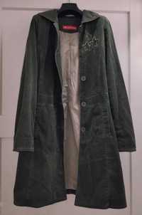 Płaszcz damski taliowany, zielony/oliwkowy, bawełna, welur