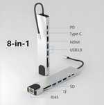 Универсальный адаптер Хаб для ноутбука 8-в-1 Type C + USB HUB, HDMI SD