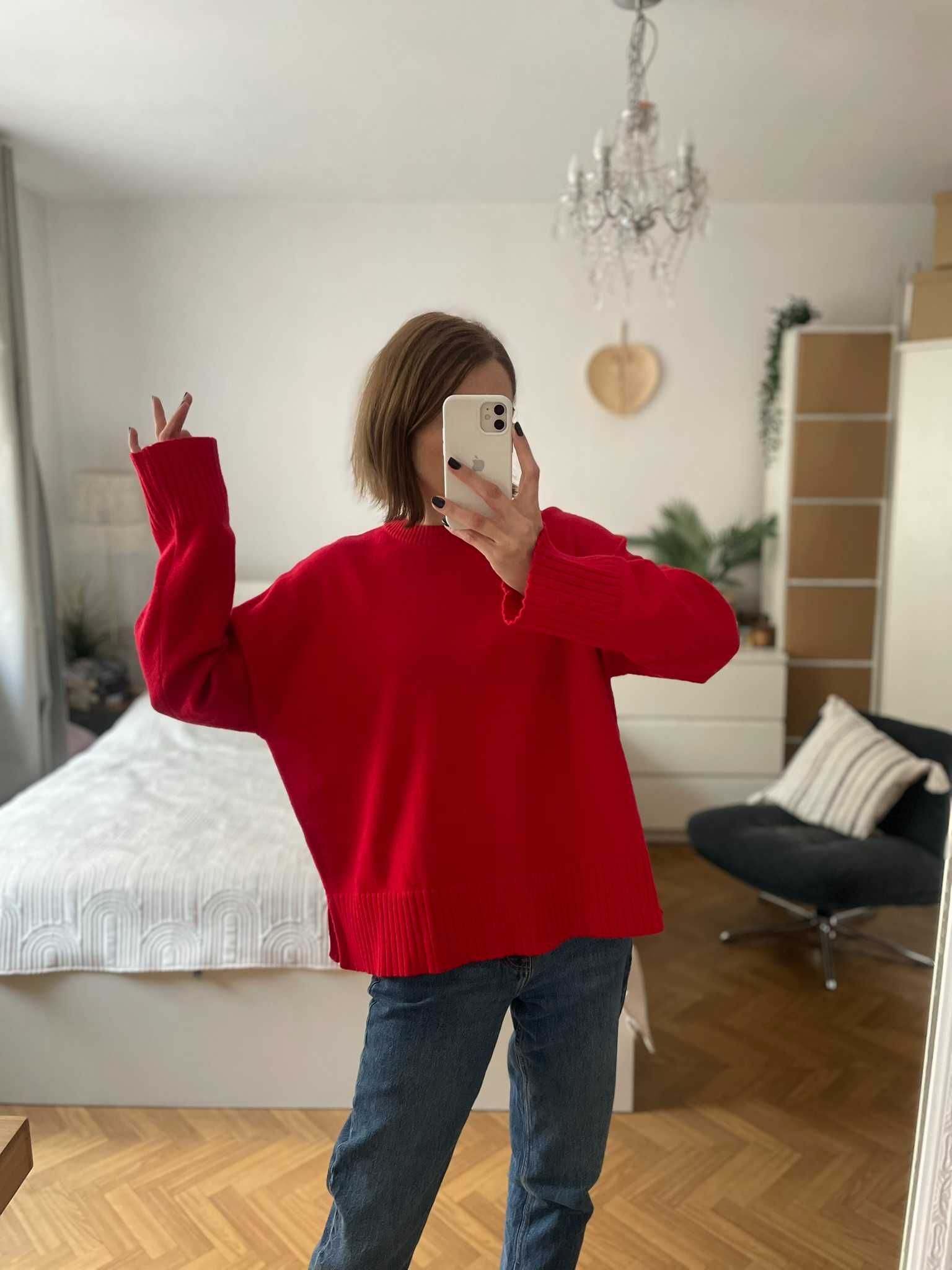 Bershka sweter czerwony wełna wool obszerny oversize M 38