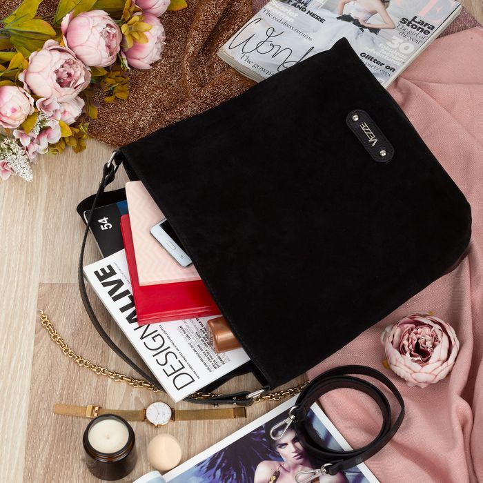 VEZZE torebka zamszowa worek z klapą i paskiem ramię V530 czarna